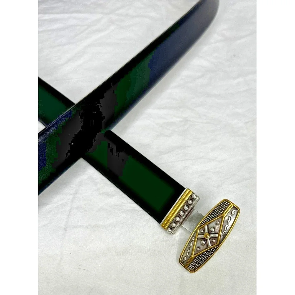 Chico's Belt Black Leather Metal Buckle Hook Ornate Adjustable Slide Sz M